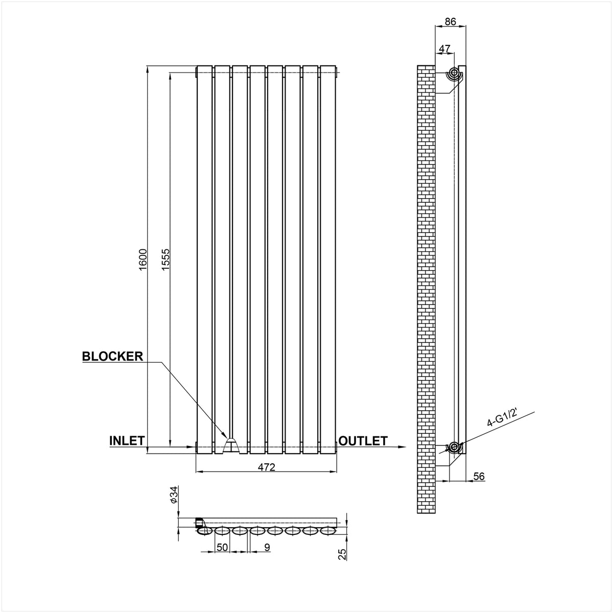 Anthrecite Radiator Column MDS Oval Column Anthracite Radiator Vertical 1600x472mm 1 Column ...