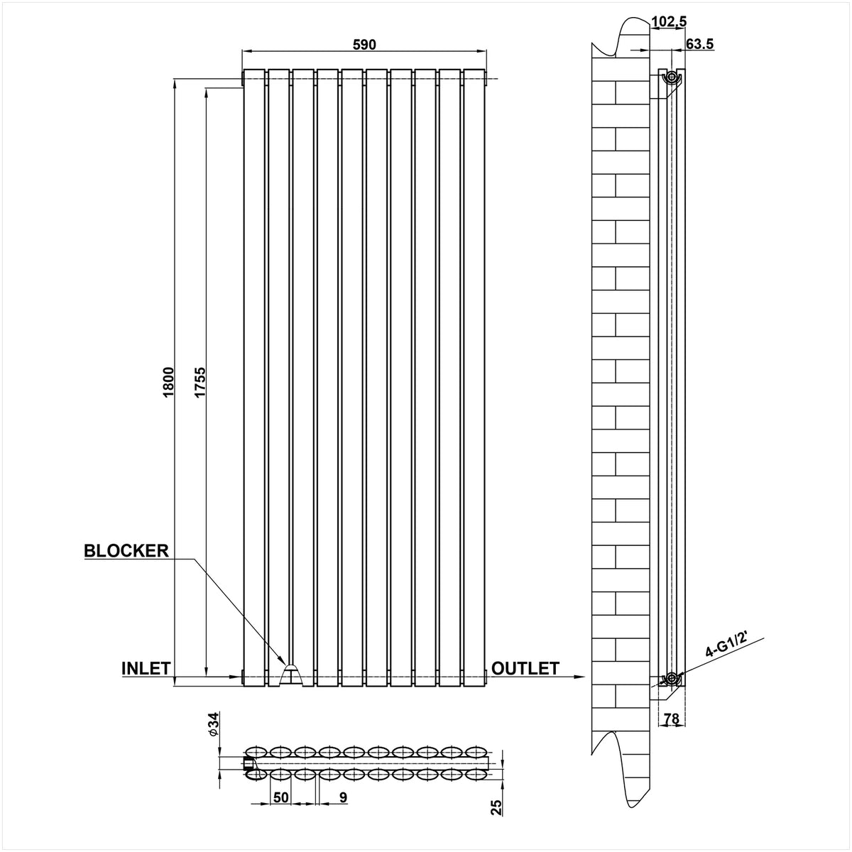Anthrecite Radiator Column MDS Oval Column Anthracite Radiator Vertical 1800x590mm 2 Columns ...