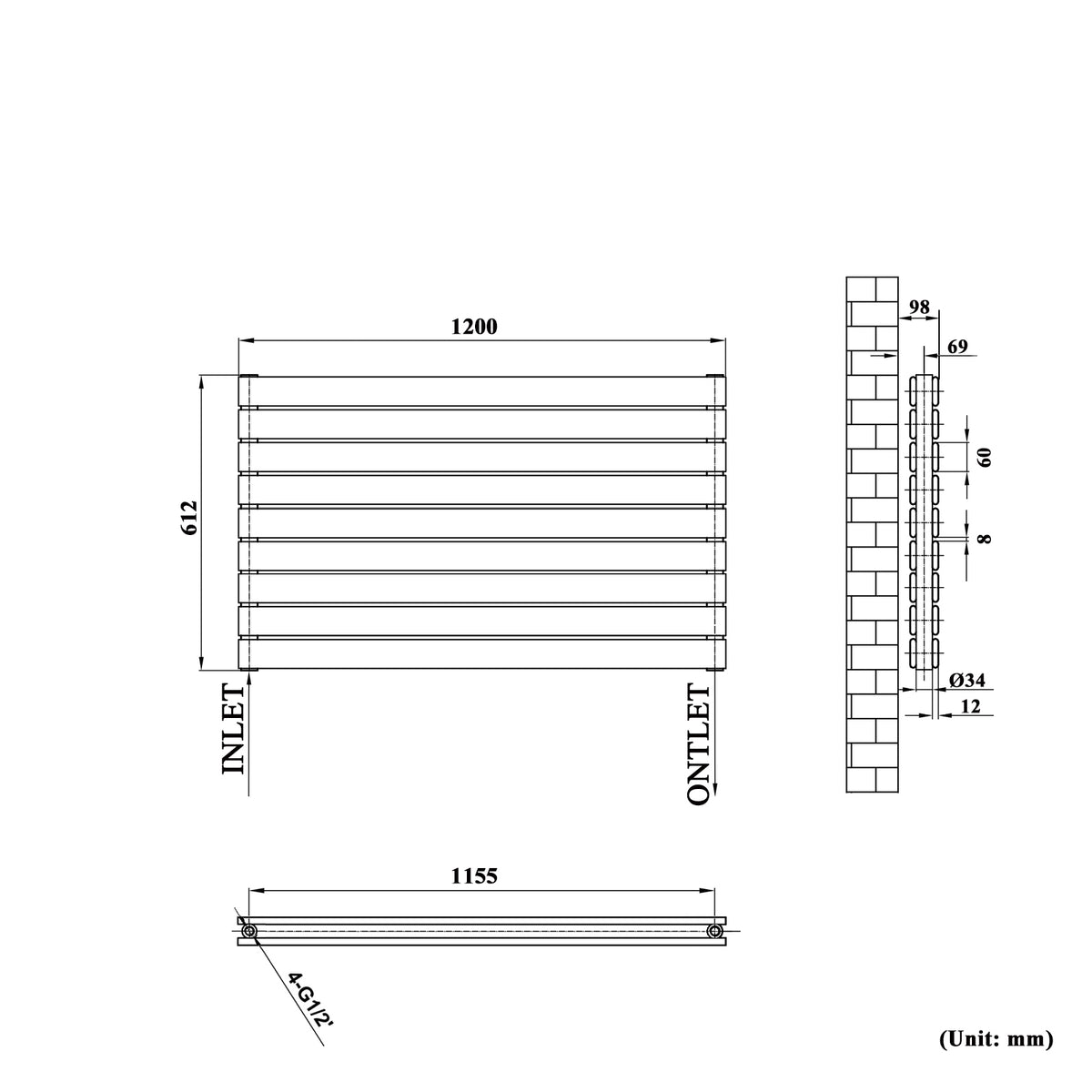 Standard Width Radiator Modern Splash White Horizontal Flat Panel Radiator 612x1200mm Double
