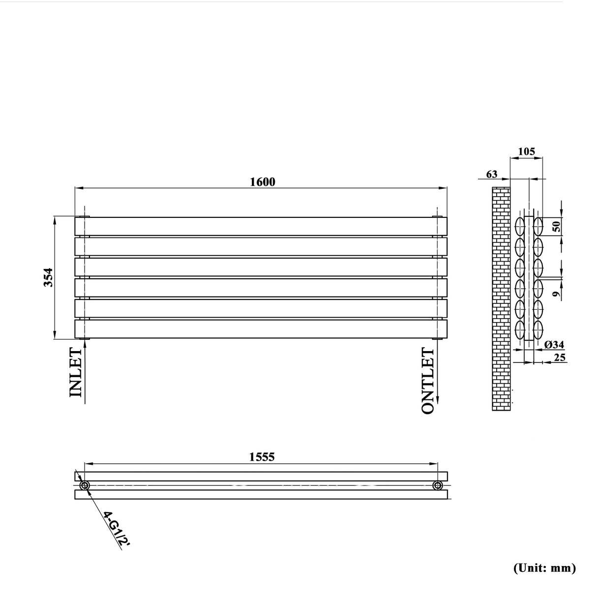 Modern Splash Black Horizontal Oval Column Radiator 354x1600mm Double
