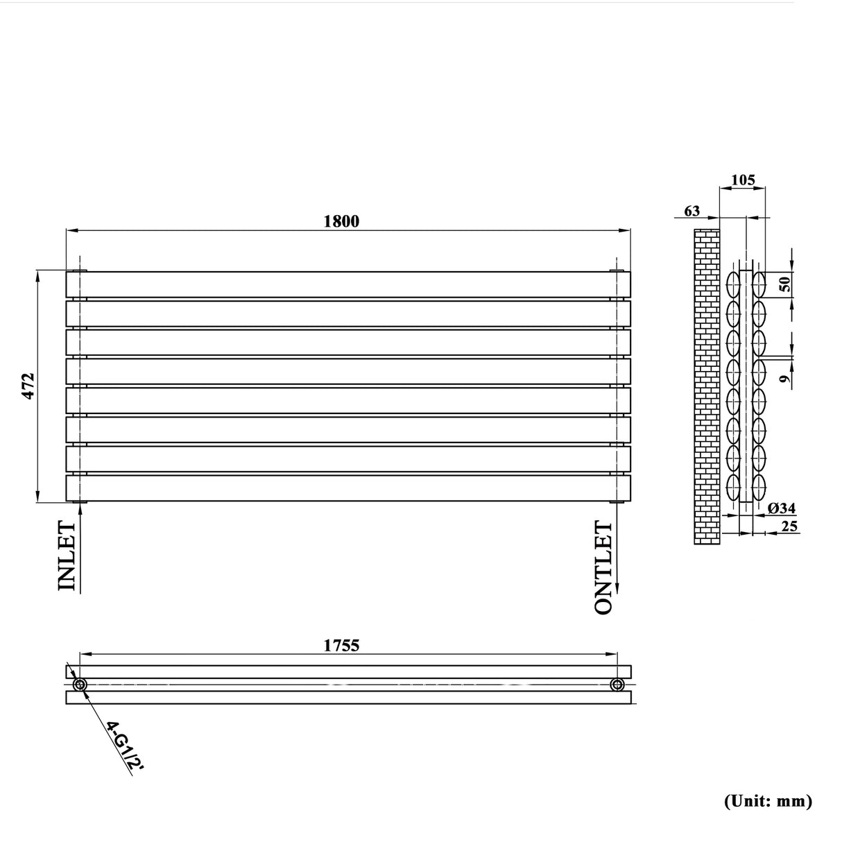 Modern Splash Anthracite Horizontal Oval Column Radiator 472x1800mm Double