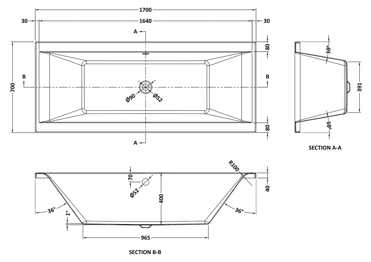 Modern Splash Asselby 1700mm x 700mm Square Double Ended Bath With Legs