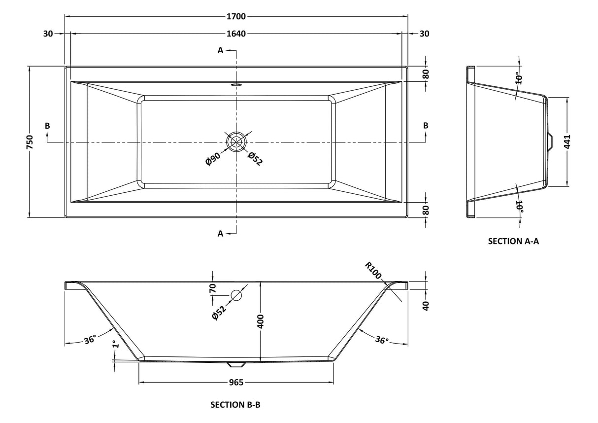 Modern Splash Asselby 1700mm x 750mm Square Double Ended Bath With Legs