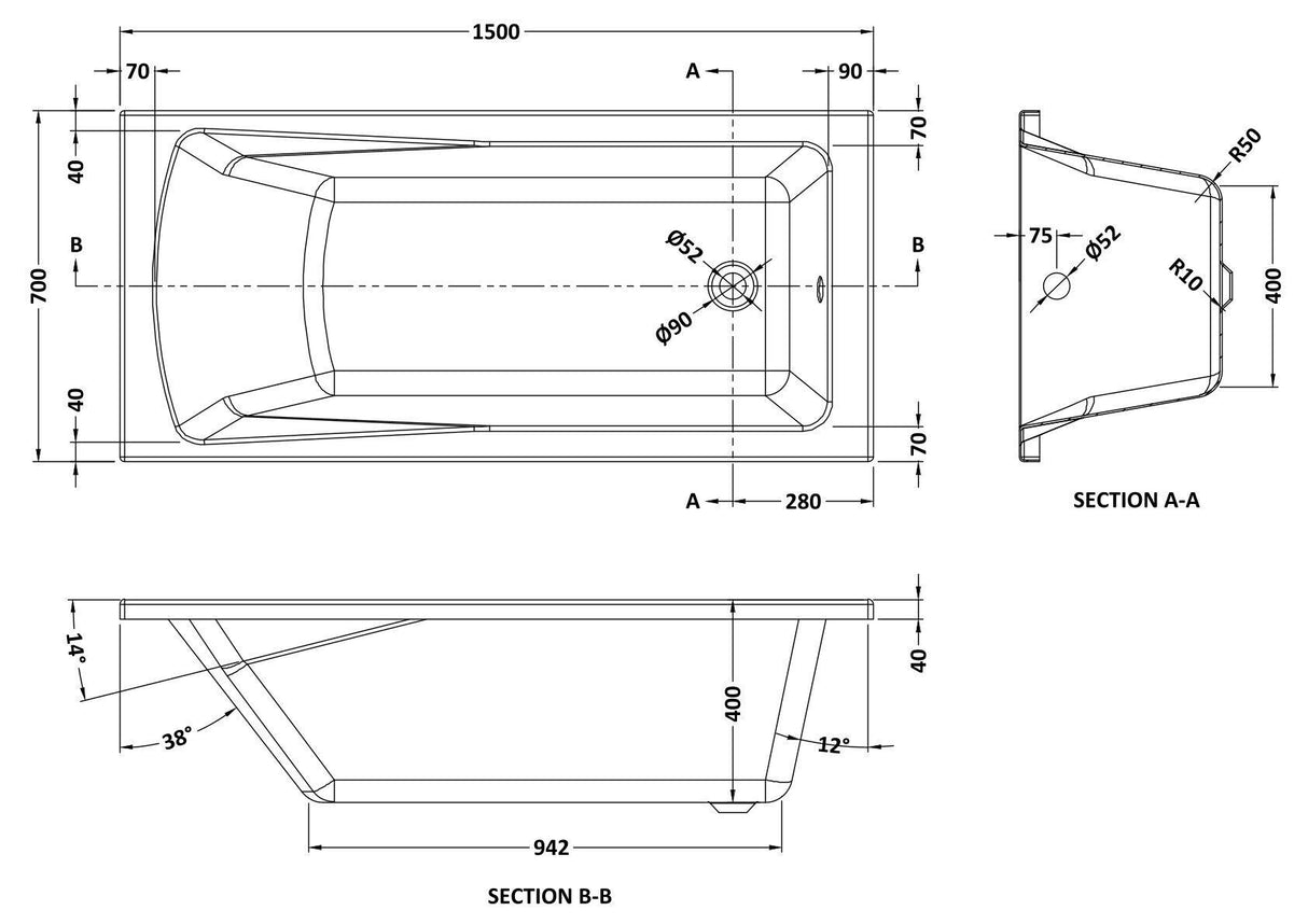 Modern Splash Linton 1500mm x 700mm Square Single Ended Bath With Legs