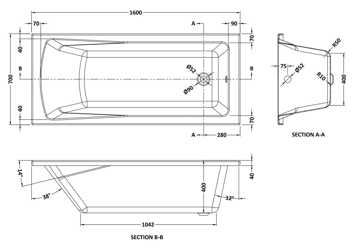 Modern Splash Linton 1600mm x 700mm Square Single Ended Bath With Legs