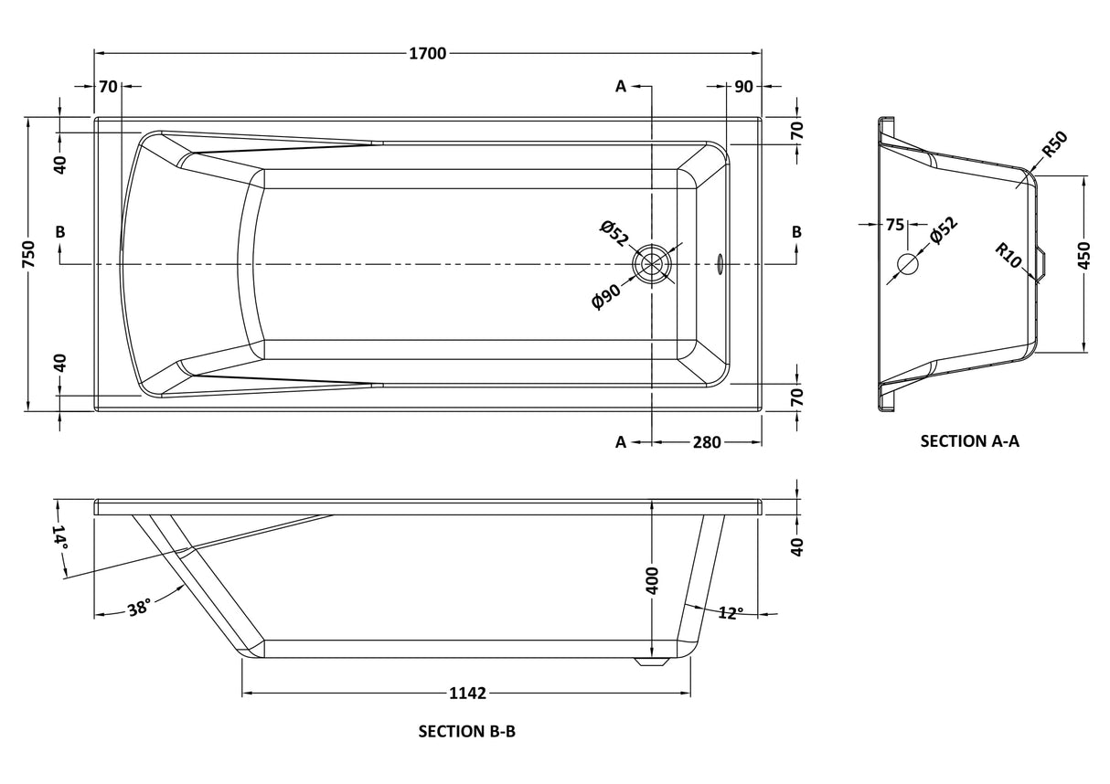 Modern Splash Linton 1700mm x 750mm Square Single Ended Bath With Legs