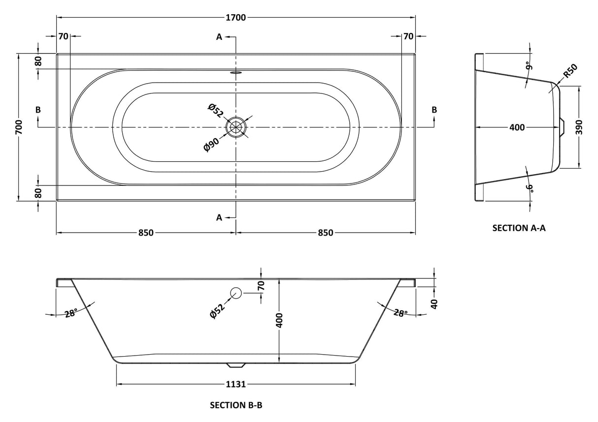 Modern Splash Otley 1700mm x 700mm Round Double Ended Bath With Legs