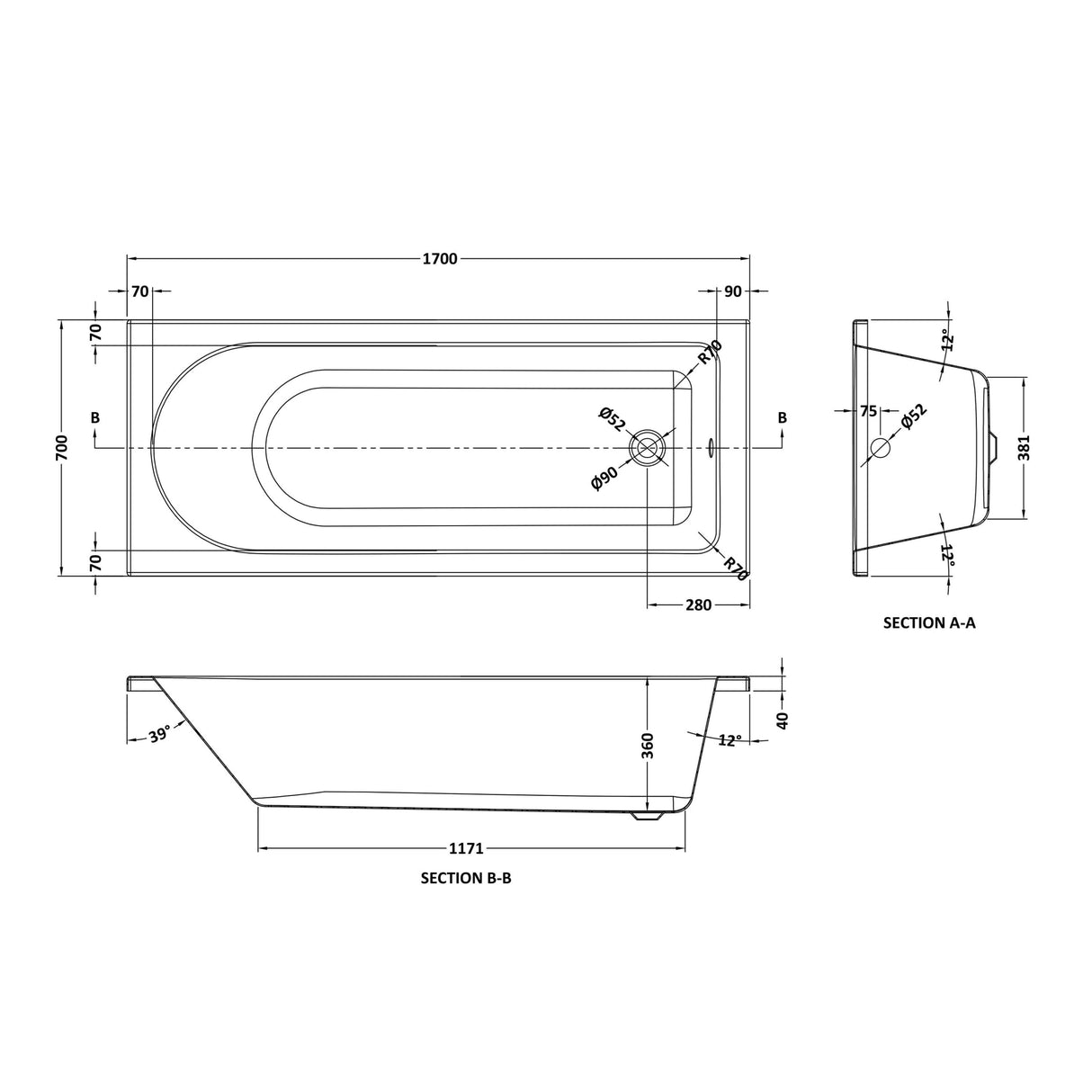 Modern Splash Barmby 1700mm x 700mm Round Single Ended Bath With Legs