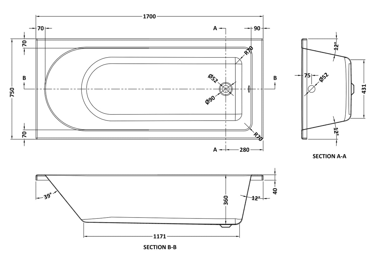 Modern Splash Barmby 1700mm x 750mm Round Single Ended Bath With Legs