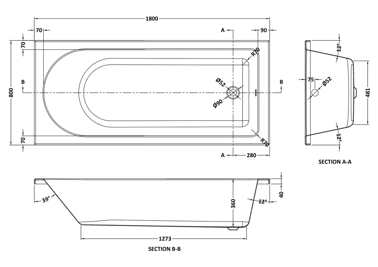 Modern Splash Barmby 1800mm x 800mm Round Single Ended Bath With Legs