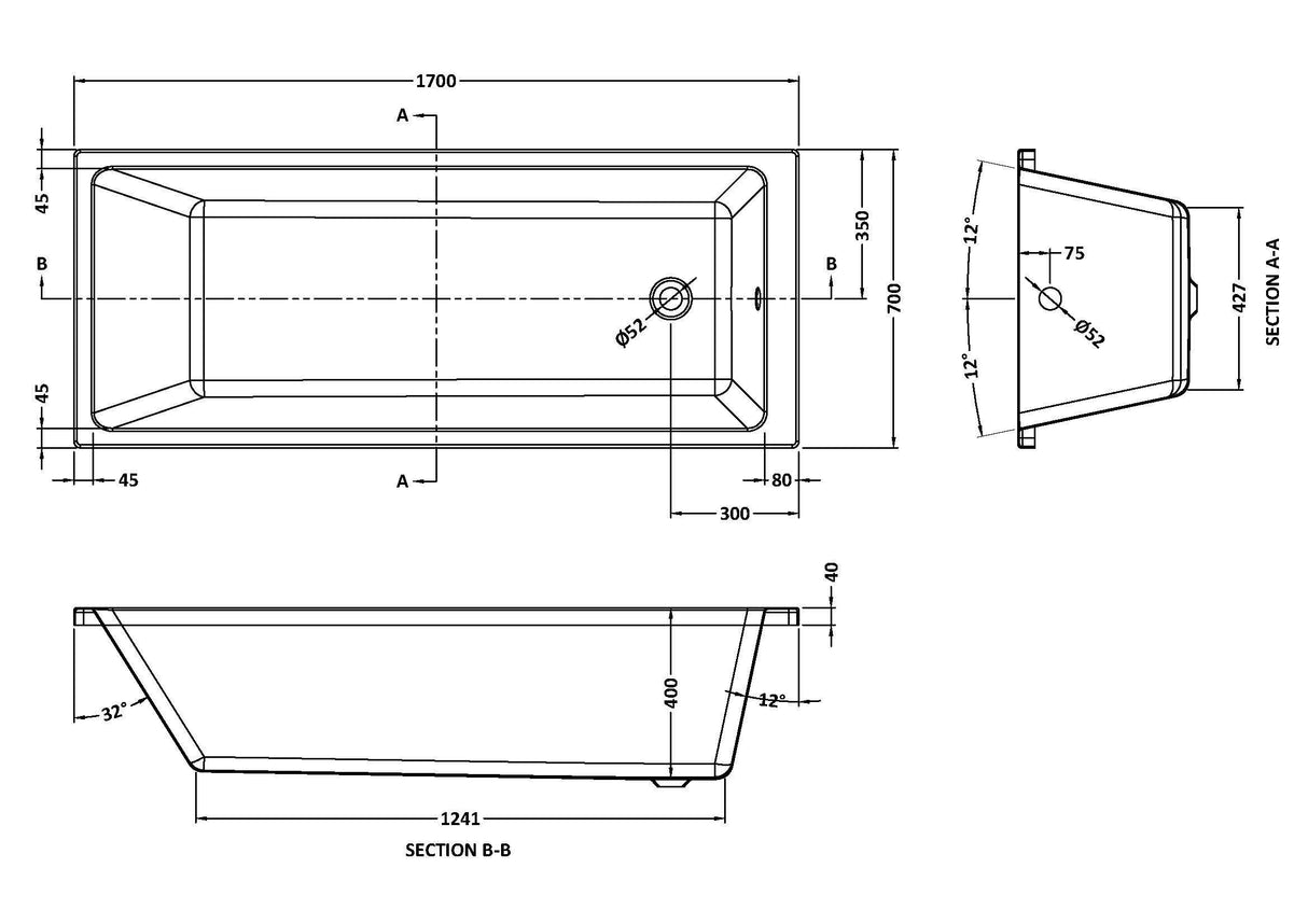 Modern Splash Thin Edge 1700mm x 700mm Square Single Ended Bath With Legs