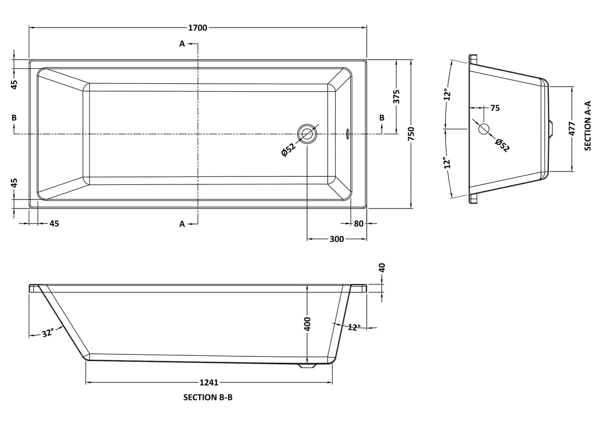 Modern Splash Thin Edge 1700mm x 750mm Square Single Ended Bath With Legs