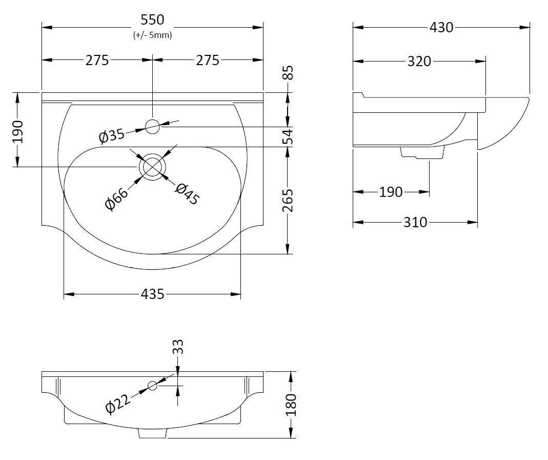 Modern Splash Mayford Round 1 Tap Hole 550mm Ceramic Basin