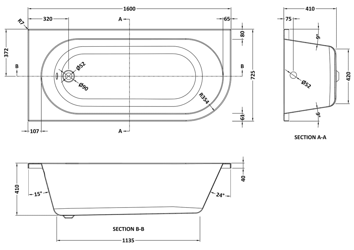 Modern Splash 1600mm Left-Hand Curved Corner Bath With Legs