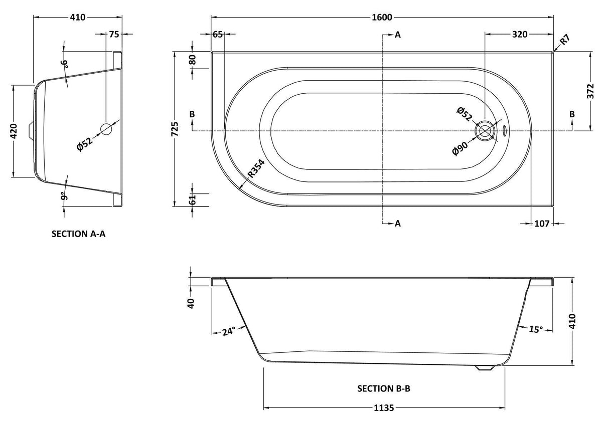 Modern Splash 1600mm Right-Hand Curved Corner Bath With Legs