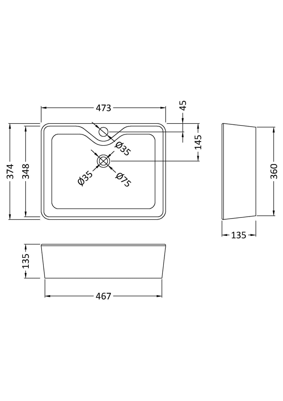 1 Tap Hole 485mm Ceramic Rectangular Vessel Basin