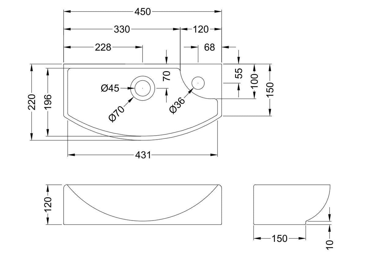 1 Tap Hole 450mm Compact Left Hand Ceramic Basin