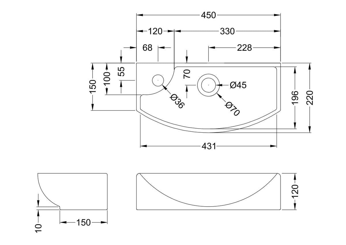 1 Tap Hole 450mm Compact Right Hand Ceramic Basin