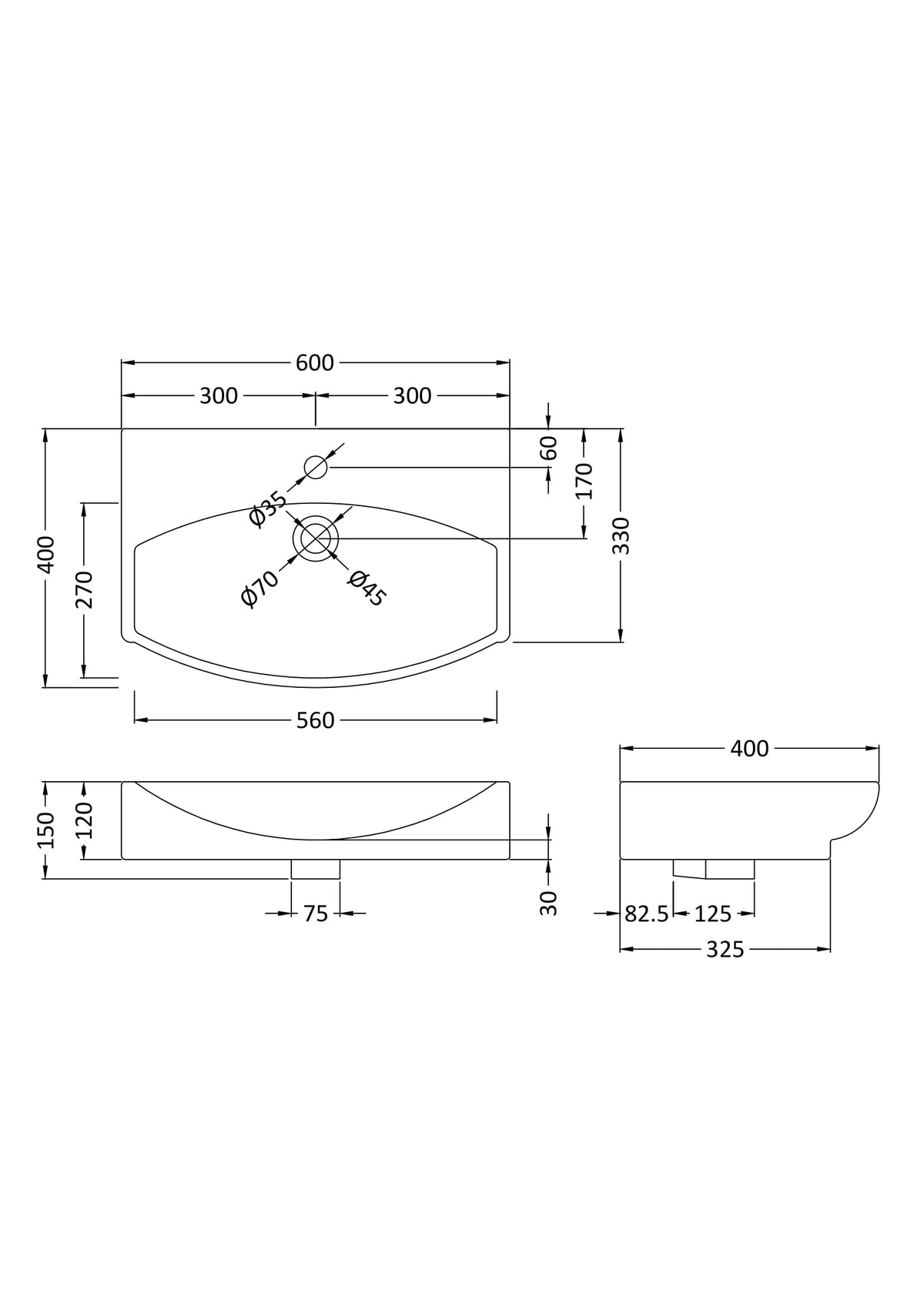 1 Tap Hole 600mm Ceramic Wall Hung Basin
