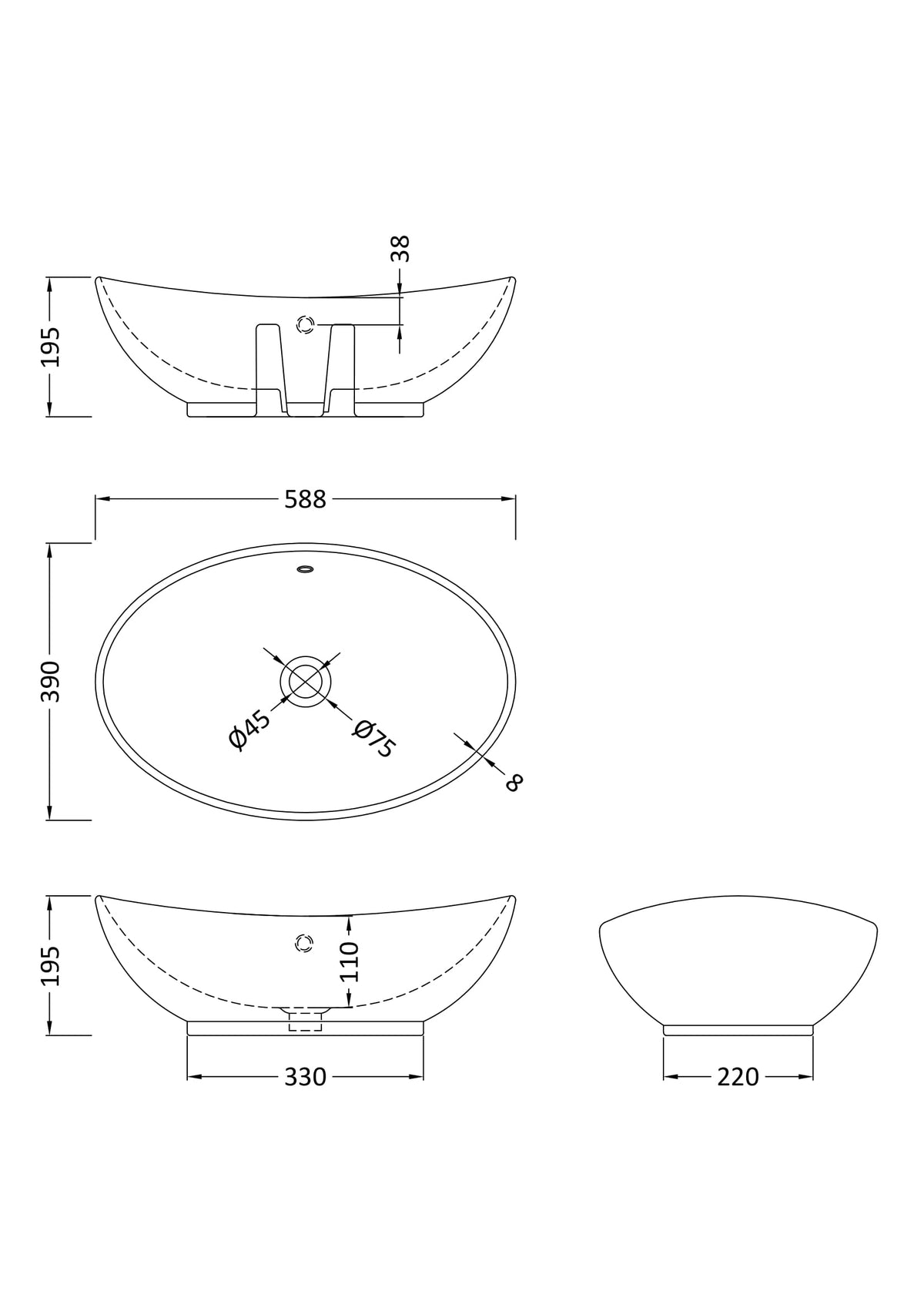 588mm Ceramic Oval Vessel Basin