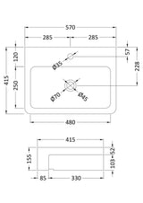 1 Tap Hole 570mm Ceramic Square Semi-Recessed Vessel Basin