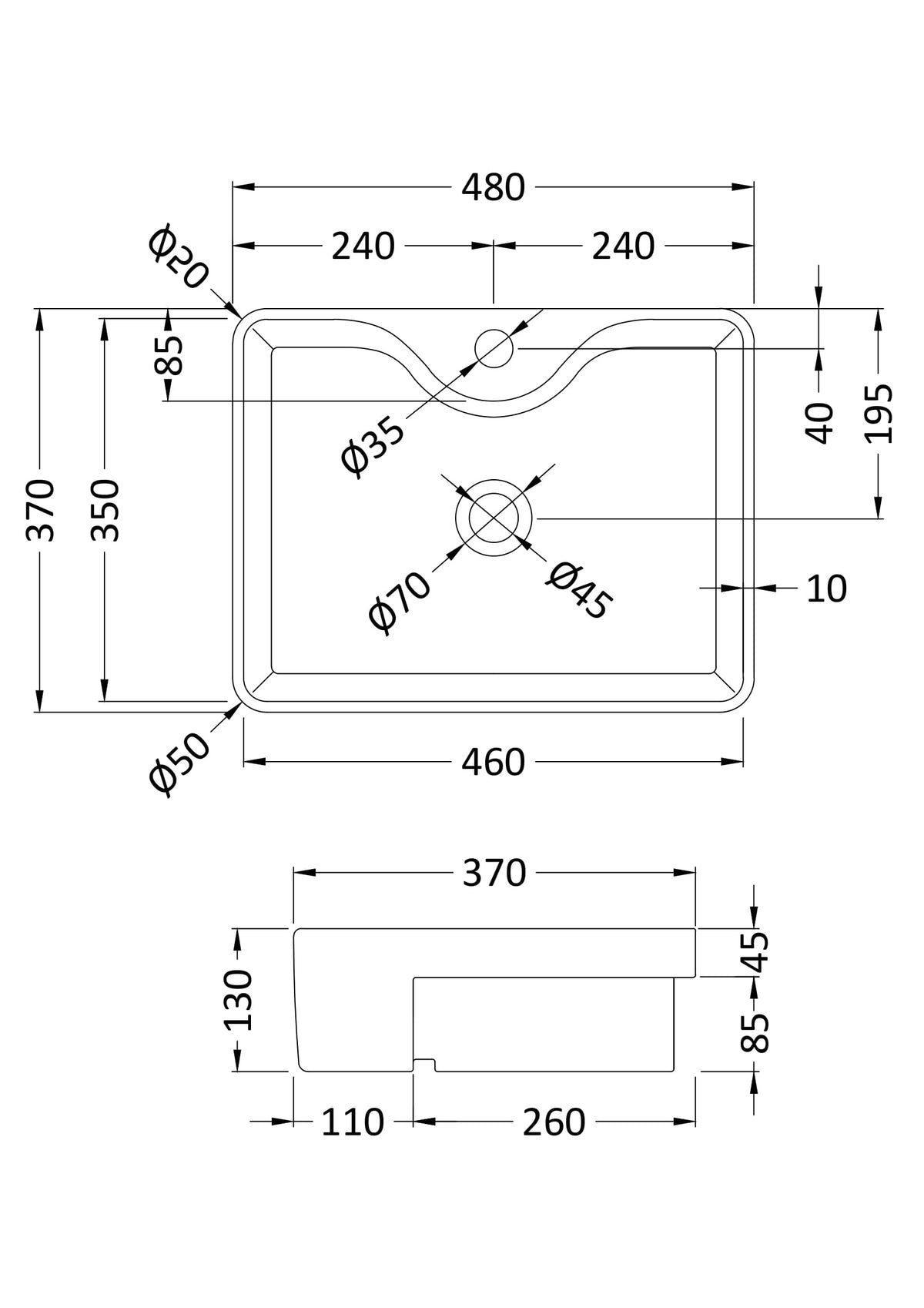 1 Tap Hole 480mm Ceramic Square Semi-Recessed Basin