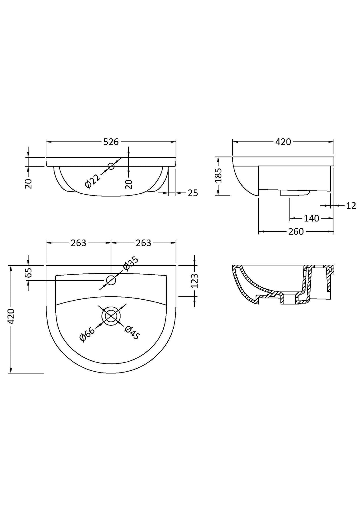 Modern Splash Harmony 500mm 1 Tap Hole Ceramic Semi-Recessed Basin