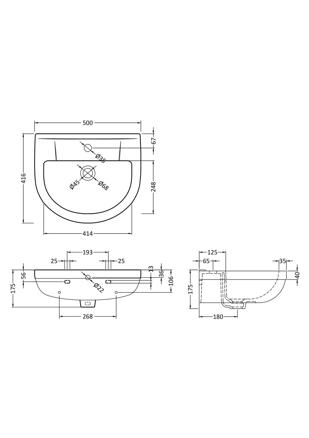 Modern Splash Harmony 1 Tap Hole 500mm Ceramic Basin