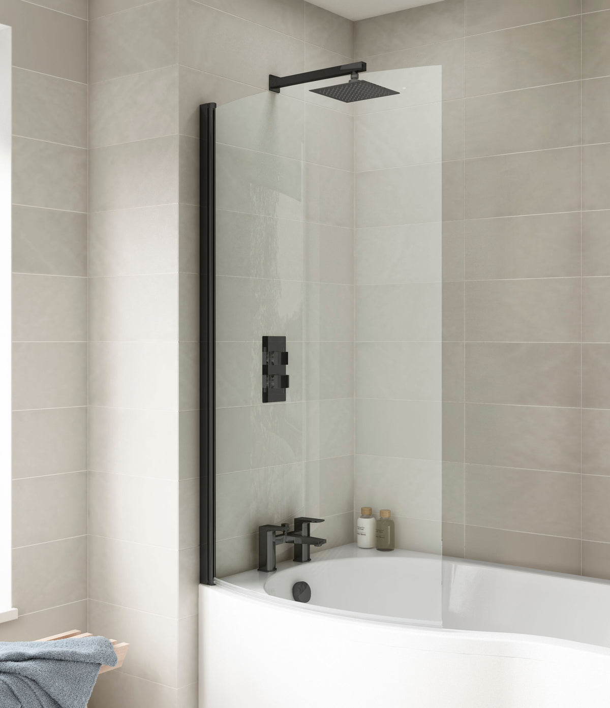 Modern Splash  Matt Black P Shape Hinged Bath Screen