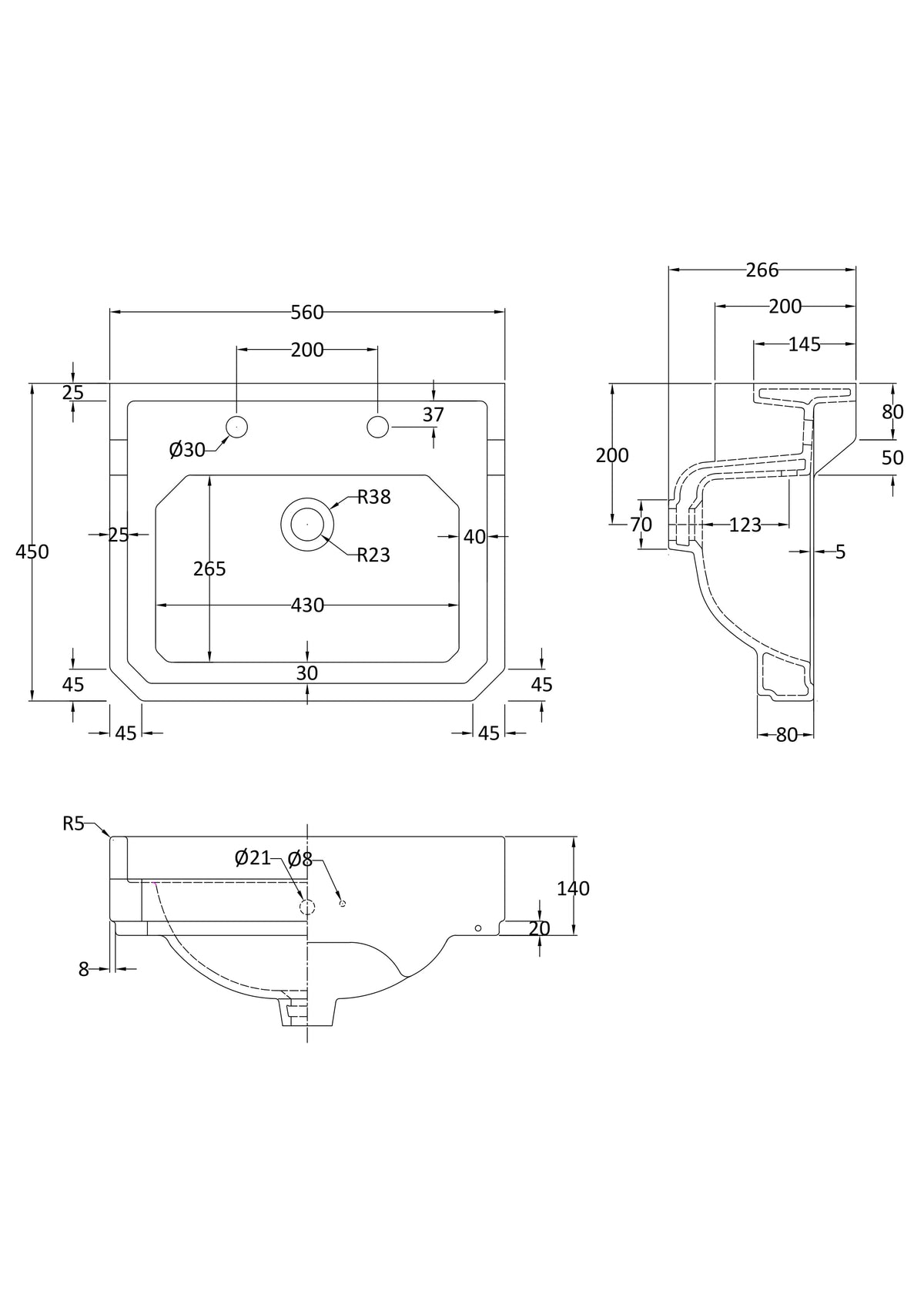 Old London Richmond 2 Tap Hole 560mm Ceramic Basin