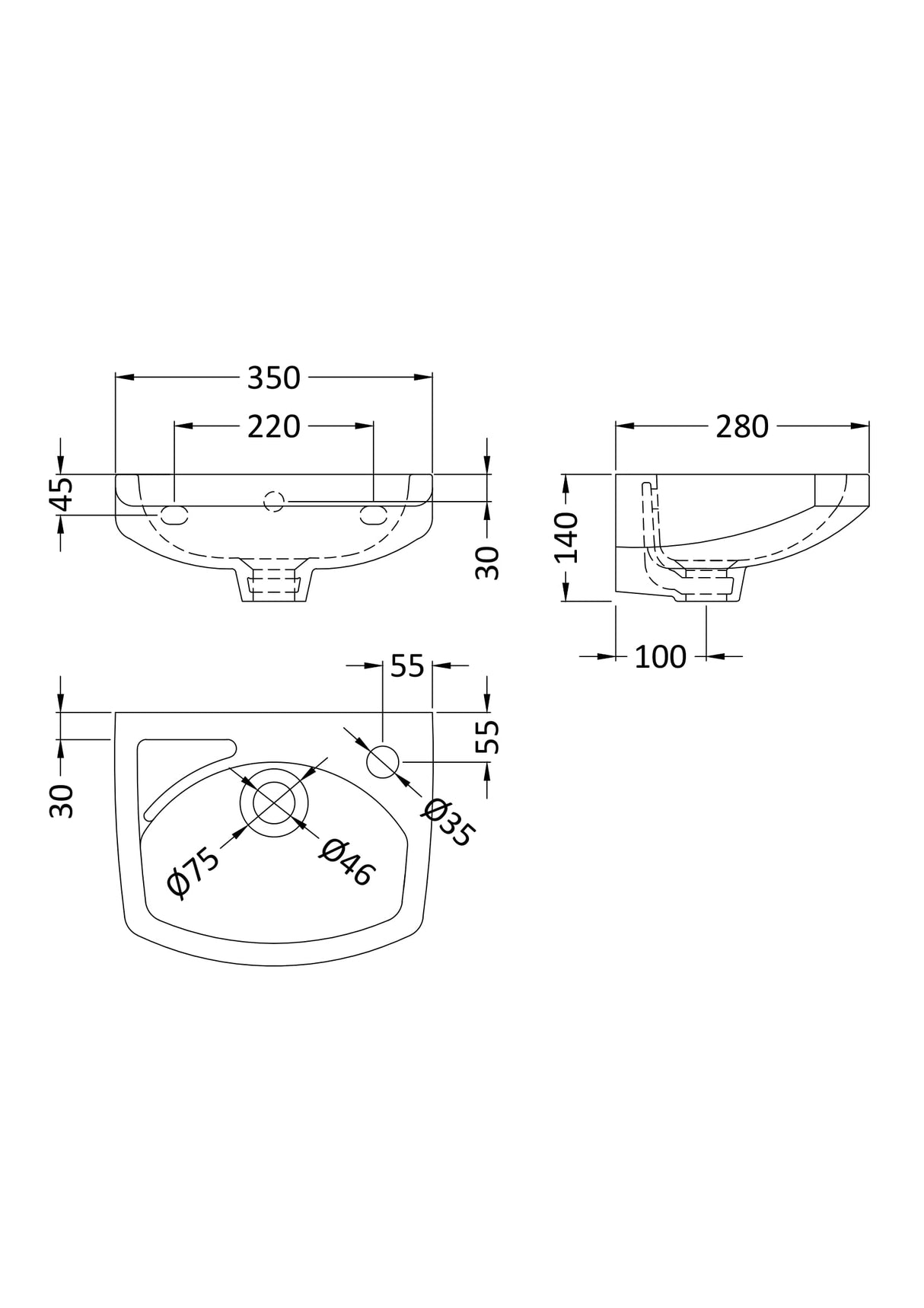 Modern Splash 1 Tap Hole 350mm Wall Hung Ceramic Basin