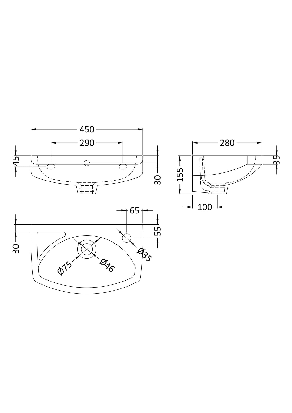 Modern Splash 1 Tap Hole 450mm Wall Hung Ceramic Basin