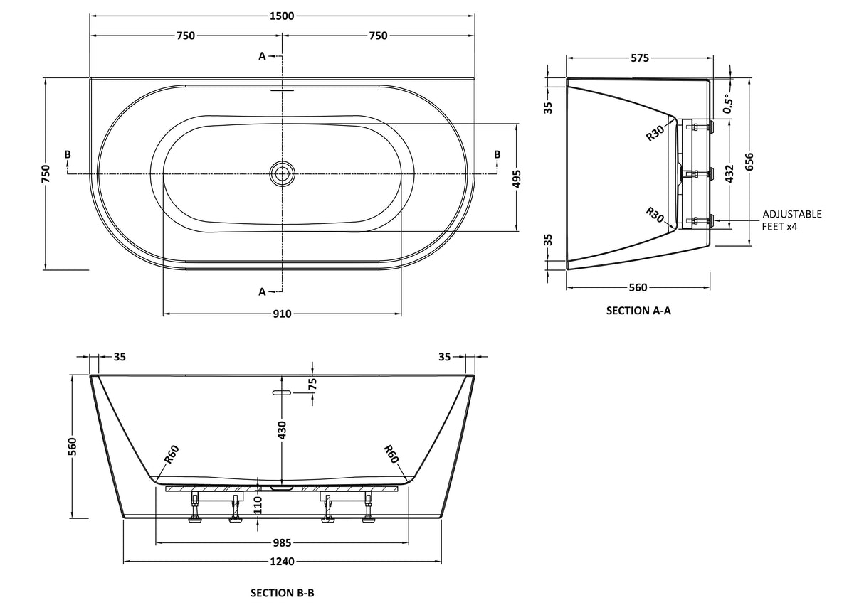 Modern Splash  Myriad 1500mm Back To Wall Bath With Legs And Chrome Waste