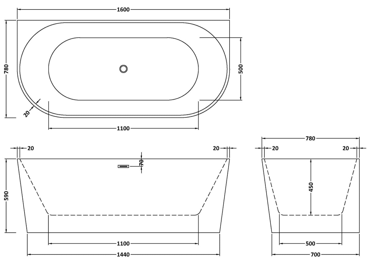 Modern Splash  Everlast 1600mm Back To Wall Bath With Legs And Waste