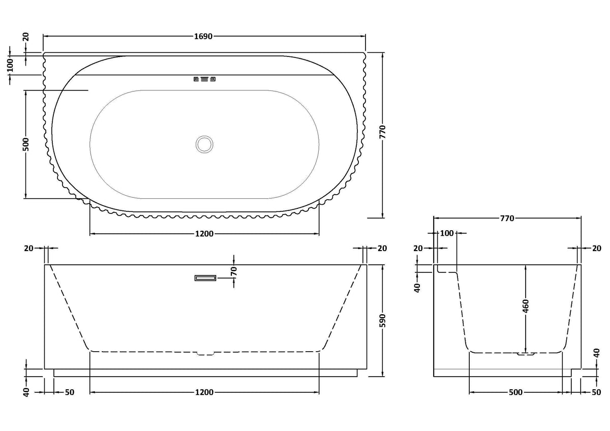 Modern Splash  Interval 1700mm Back To Wall Fluted Bath With Legs And Waste