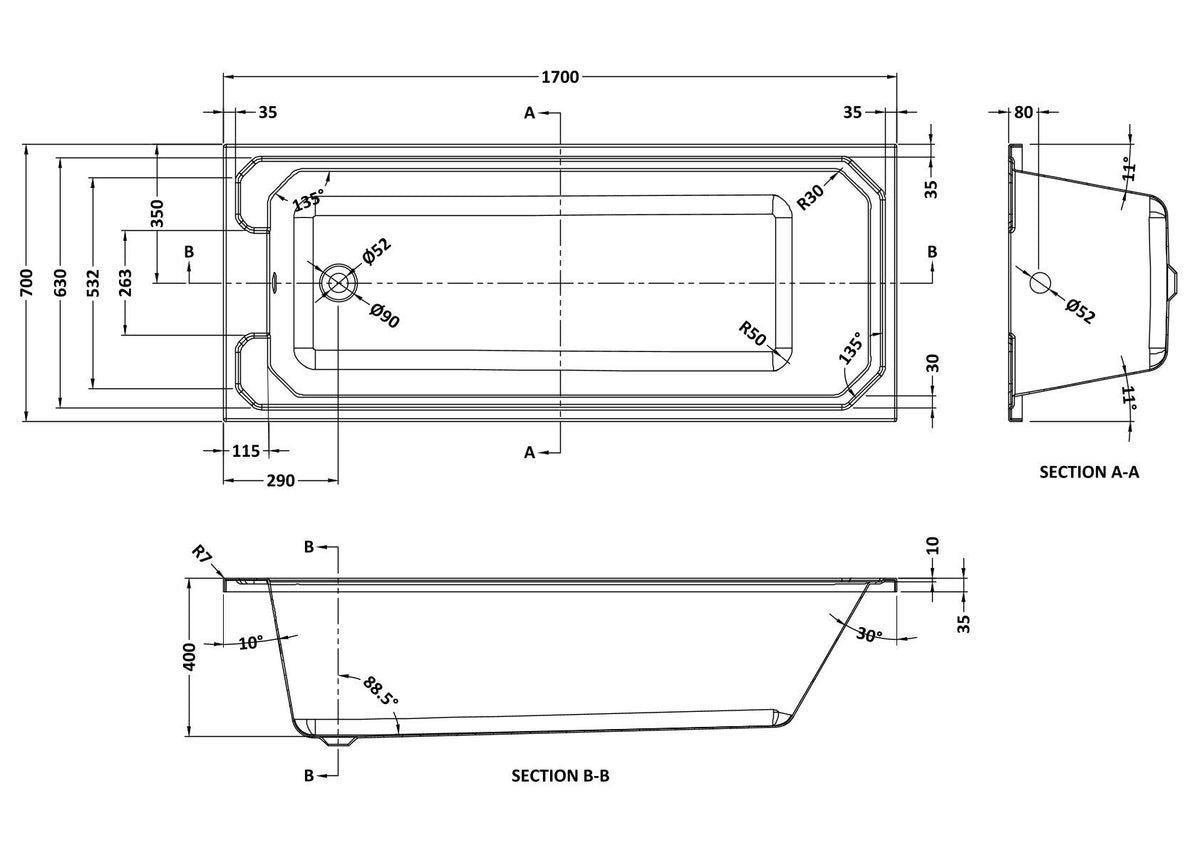 Modern Splash Ascott 1700mm x 700mm Single Ended Straight Bath