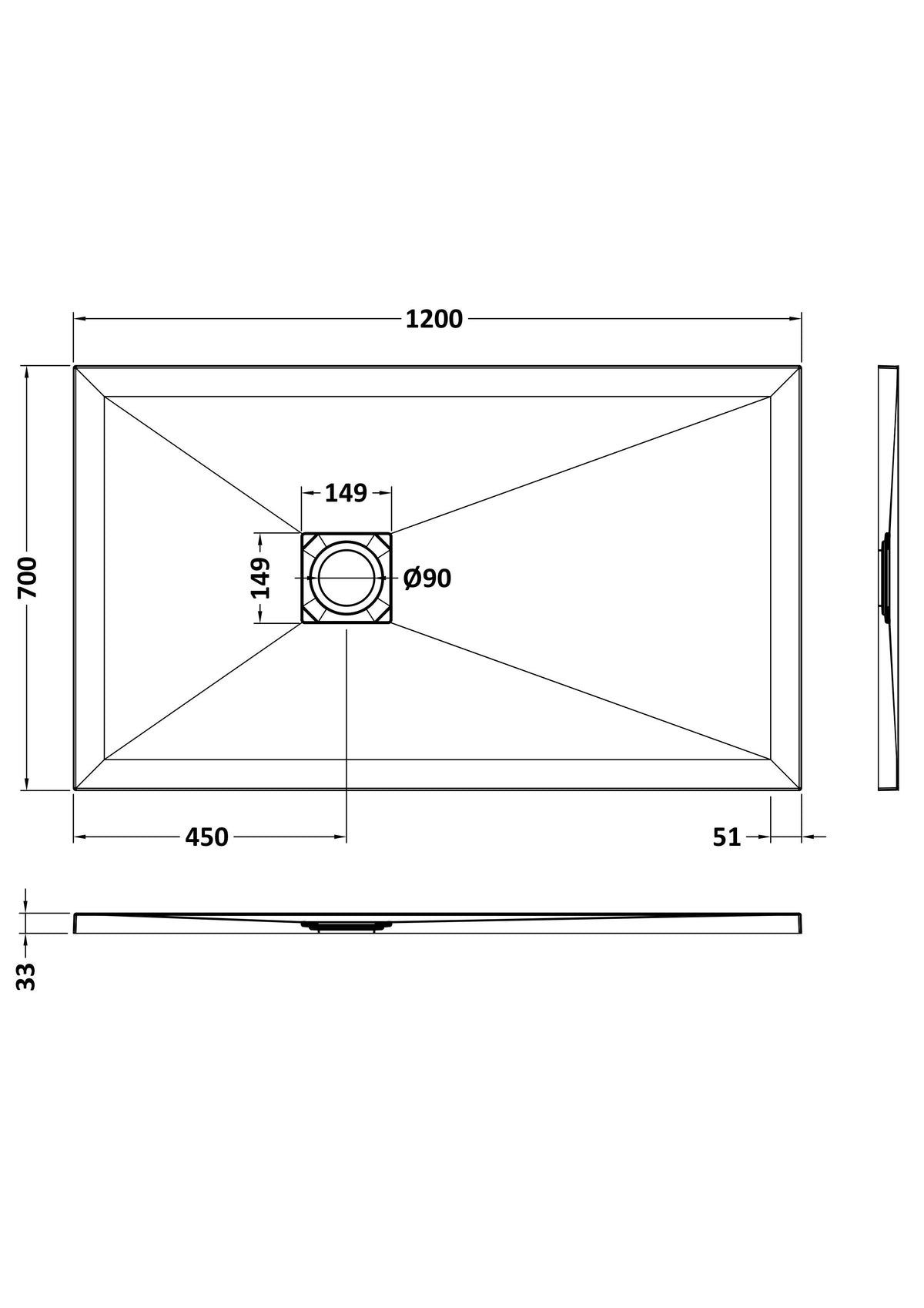 1200 x 700mm Black Slate Slimline Rectangular Shower Tray