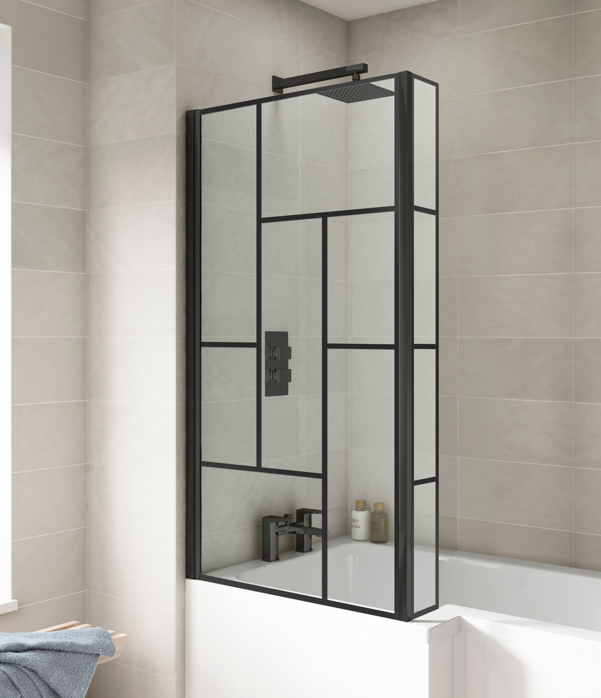 Modern Splash 800mm Matt Black L Shape Abstract Matrix Hinged Bath Screen With Fixed Return