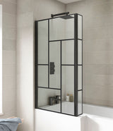 Modern Splash 800mm Matt Black L Shape Abstract Matrix Hinged Bath Screen With Fixed Return