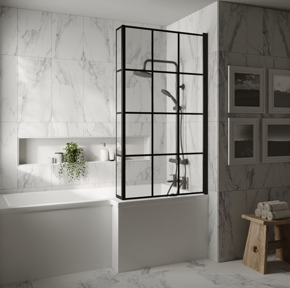 Modern Splash 800mm Matt Black L Shape Matrix Hinged Bath Screen With Fixed Return
