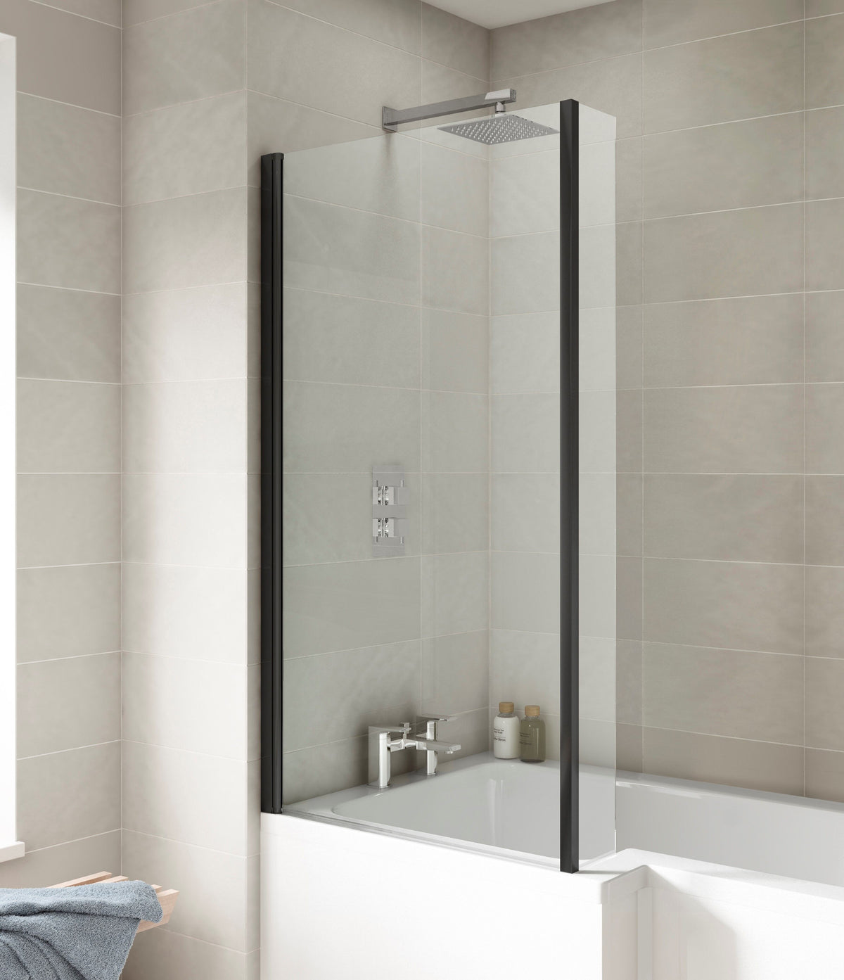 Modern Splash 800mm Matt Black L Shape Hinged Bath Screen