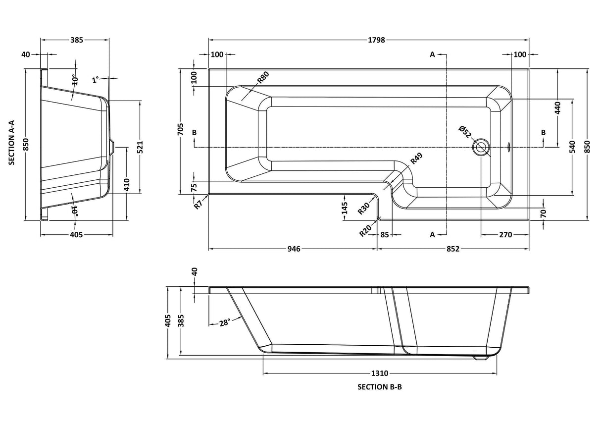 Modern Splash 1800mm L-Shaped Right-Hand Square Shower Bath