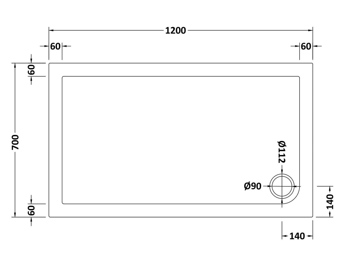 1200 x 700mm White Slip Resistant Slimline  Rectangular Shower Tray