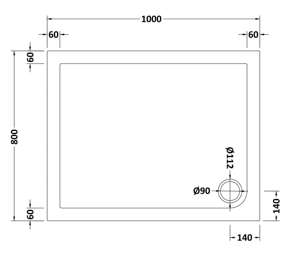 1000 x 800mm White Slip Resistant Slimline  Rectangular Shower Tray