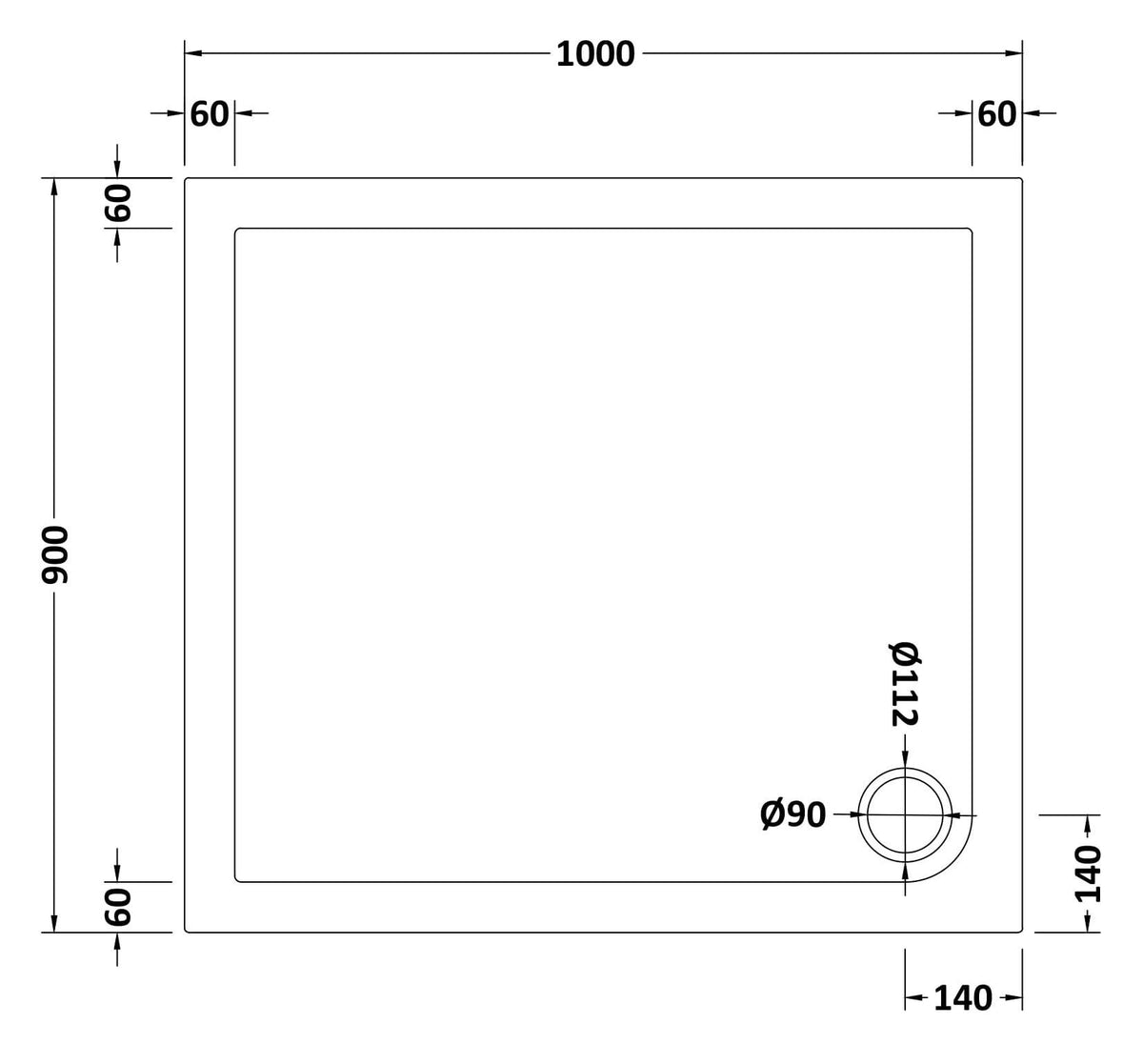 1000 x 900mm White Slip Resistant Slimline Rectangular Shower Tray