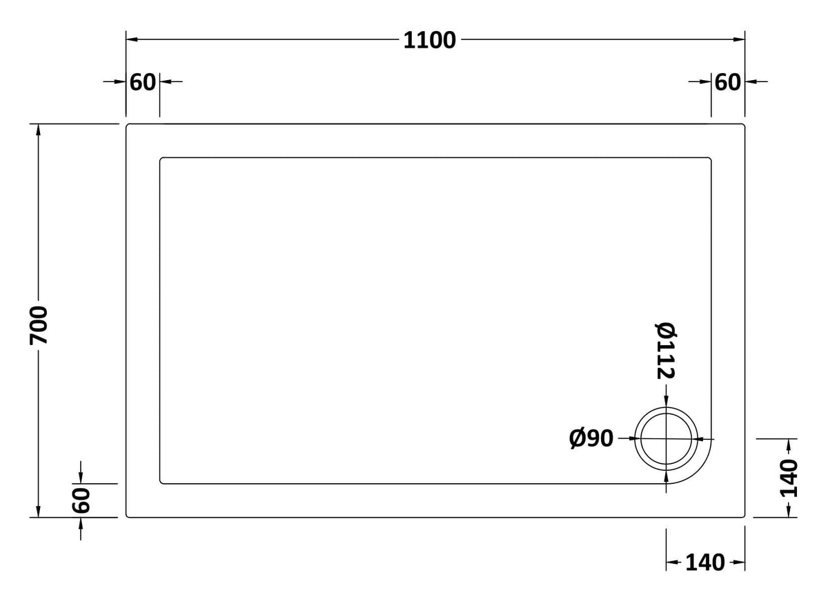1100 x 700mm White Slip Resistant Slimline Rectangular Shower Tray