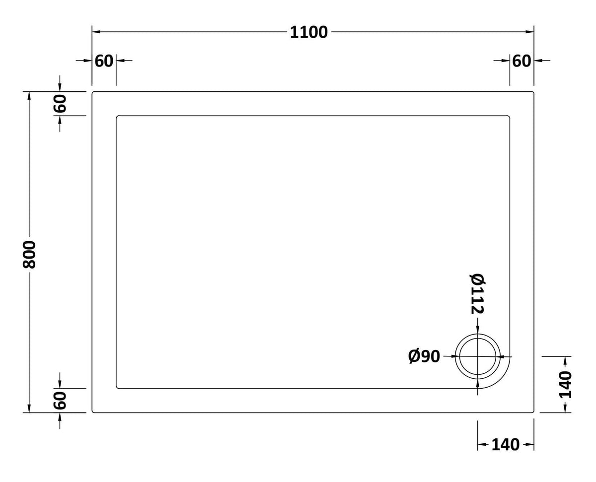 1100 x 800mm White Slip Resistant Slimline Rectangular Shower Tray
