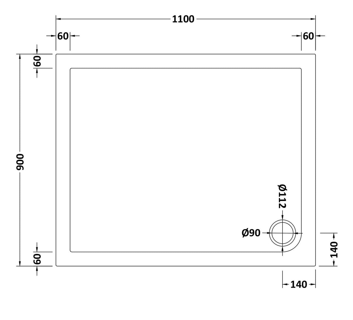 1100 x 900mm White Slip Resistant Slimline Rectangular Shower Tray