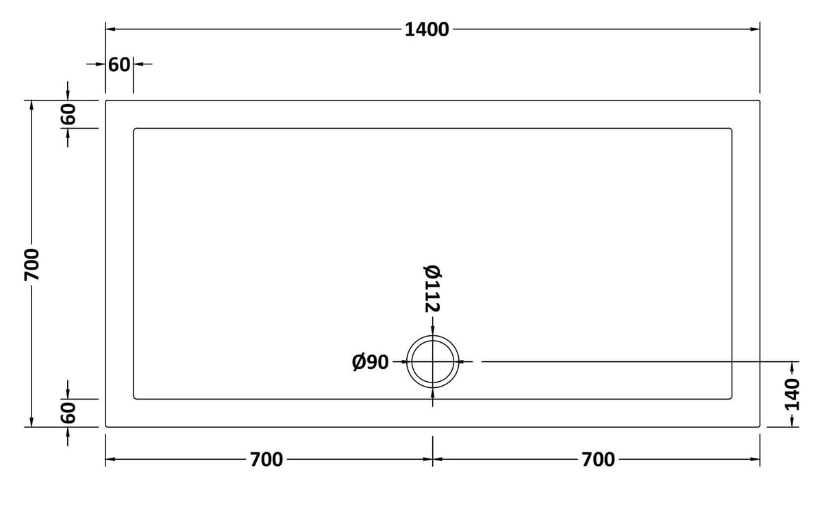 1400 x 700mm White Slip Resistant Slimline Rectangular Shower Tray