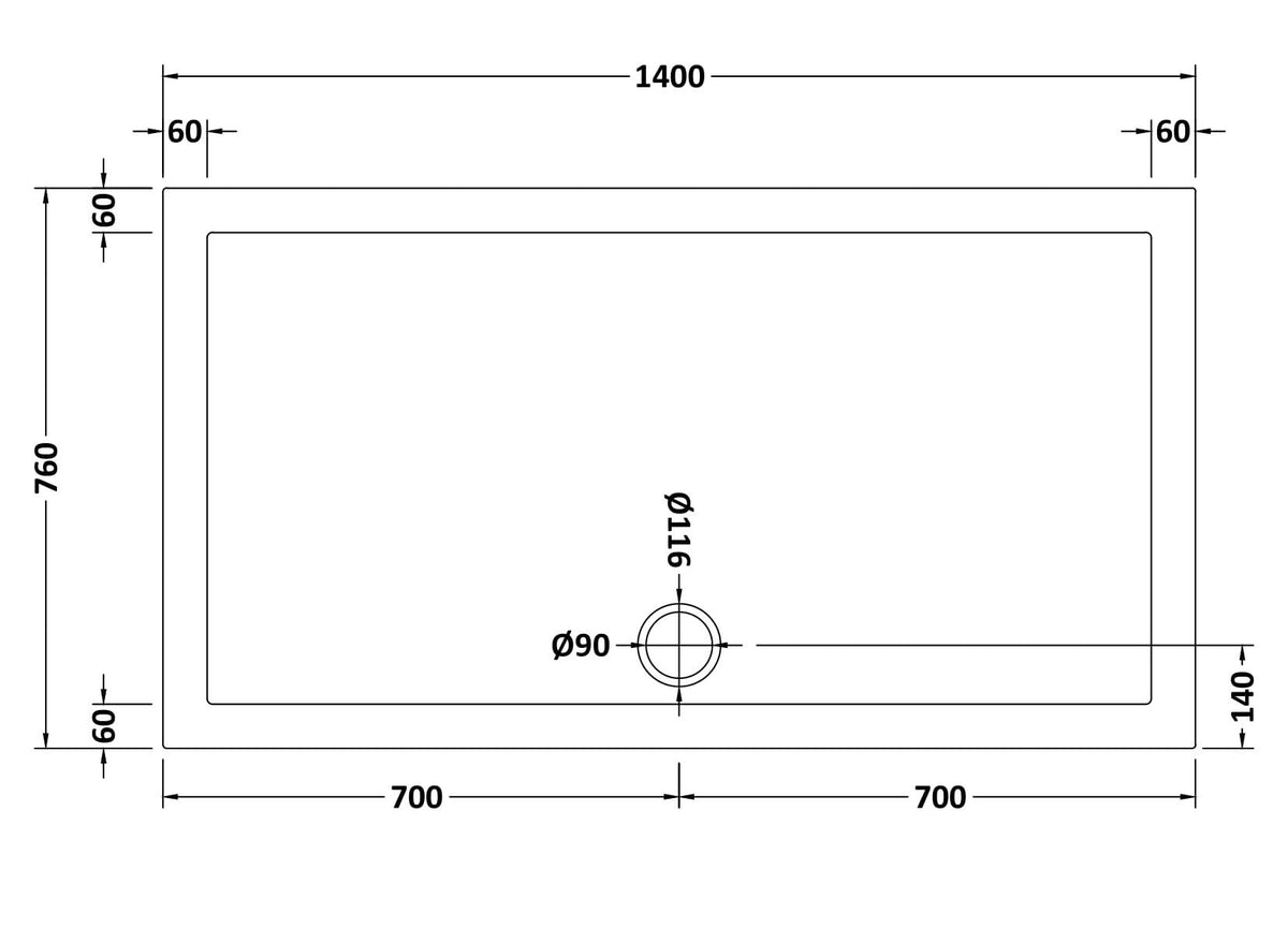 1400 x 760mm White Slip Resistant Slimline Rectangular Shower Tray